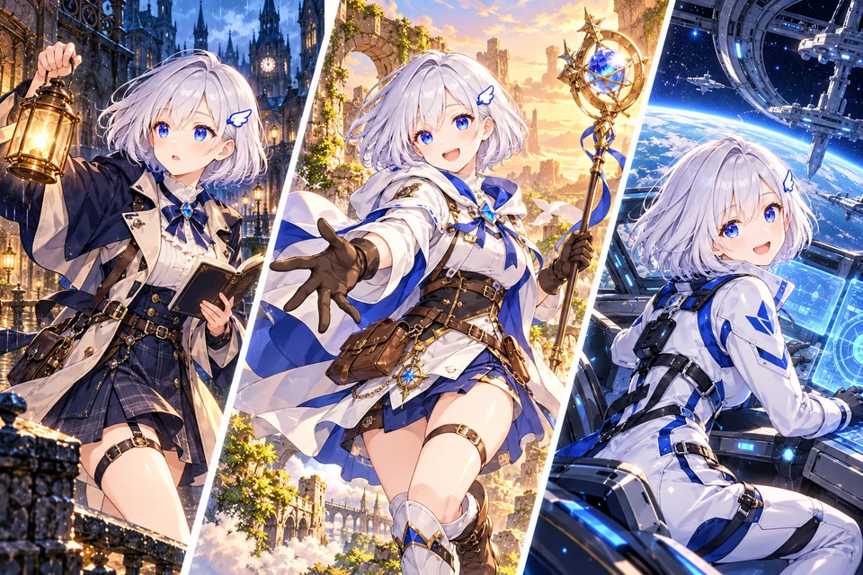 OneLineTale 看板娘的三種冒險:銀白短髮、藍眼與翼形髮飾的同一角色,分別以偵探、奇幻旅人及太空探索者的服裝與姿勢,走入三個斜線拼貼的世界。