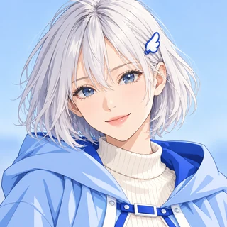 OneLineTale 看板娘的動漫畫風預覽：賽璐璐線條；銀白短髮、藍眼與翼形髮夾，預製 AI 示意素材