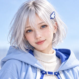OneLineTale 看板娘的寫實畫風預覽：攝影質感；銀白短髮、藍眼與翼形髮夾，預製 AI 示意素材