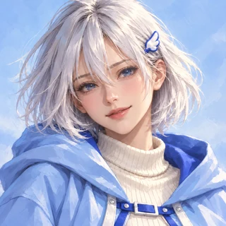 OneLineTale 看板娘的半寫實畫風預覽：厚塗插畫；銀白短髮、藍眼與翼形髮夾，預製 AI 示意素材
